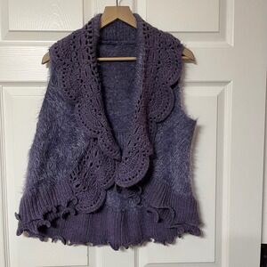 Womens Purple Fuzzy Crochet Trim Vest Cardigan Sweater Top Size 18 20
